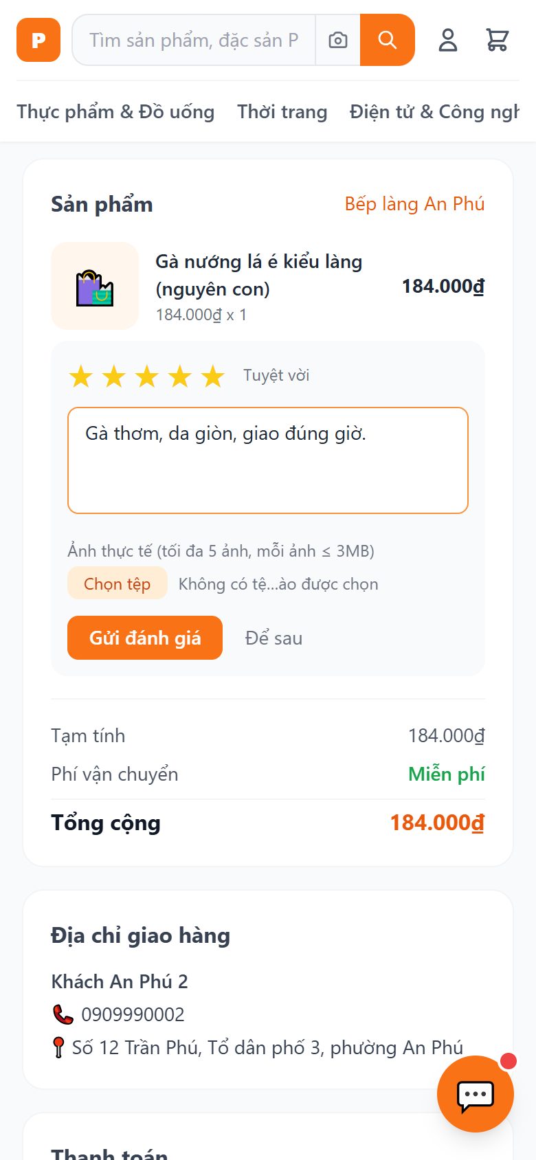 Viết đánh giá trong chi tiết đơn đã giao