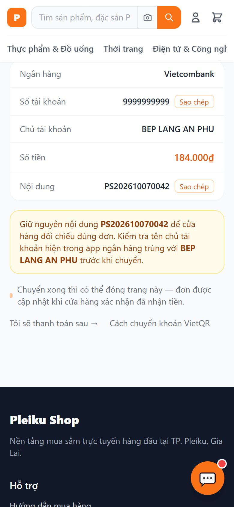 Thông tin chuyển khoản