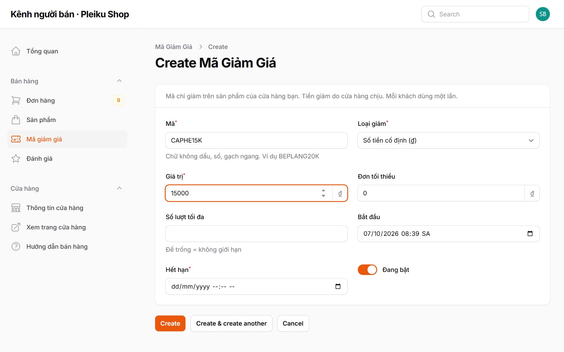 Tạo mã giảm giá
