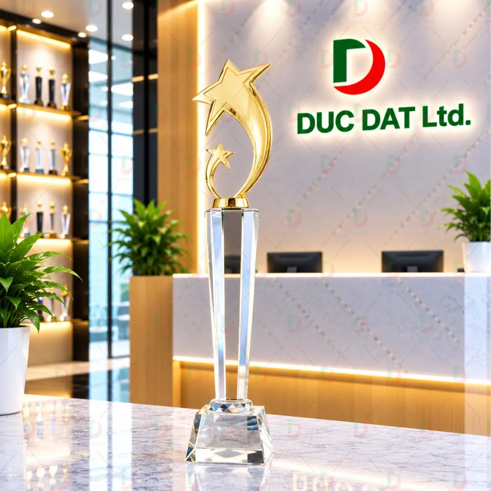 Cúp Pha Lê 048 Thân Cột Đính Ngôi Sao Đôi Kim Loại Vàng In UV Cao Cấp