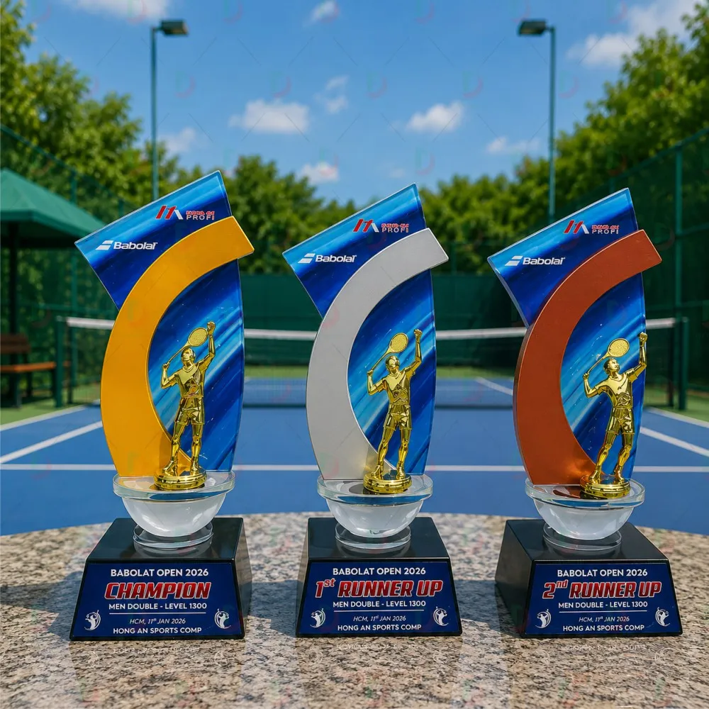Cúp Tennis 022 – Bộ Cúp Pha Lê Vô Địch Vòm Cung Vàng Đồng Bạc Trắng