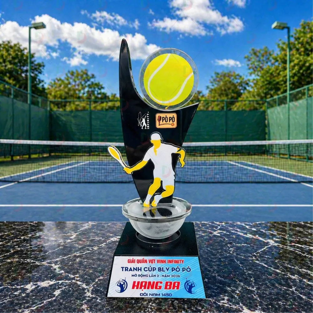 Cúp Tennis 017 – Cúp Pha Lê Ngọn Lửa Đen, Trái Bóng Vàng & Tượng Tay Vợt