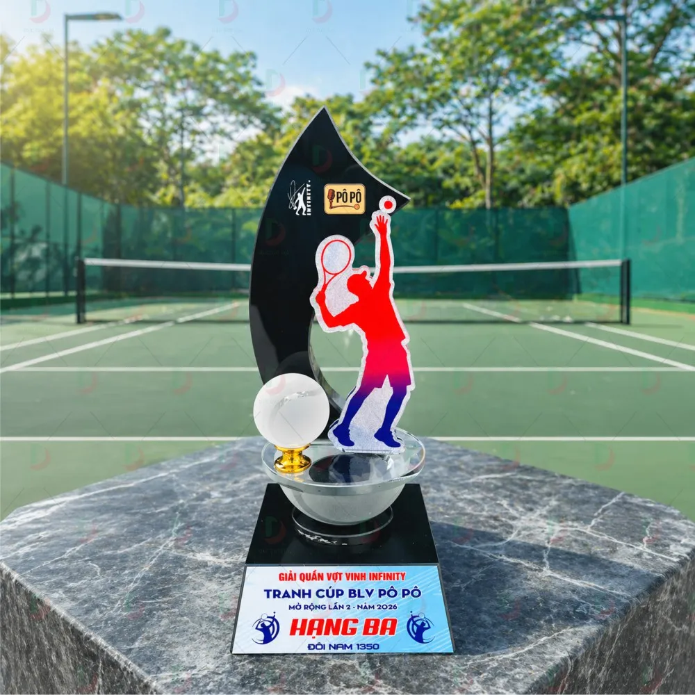Cúp Tennis 016 – Cúp Pha Lê Ngọn Lửa Đen & Vận Động Viên Smash 3D