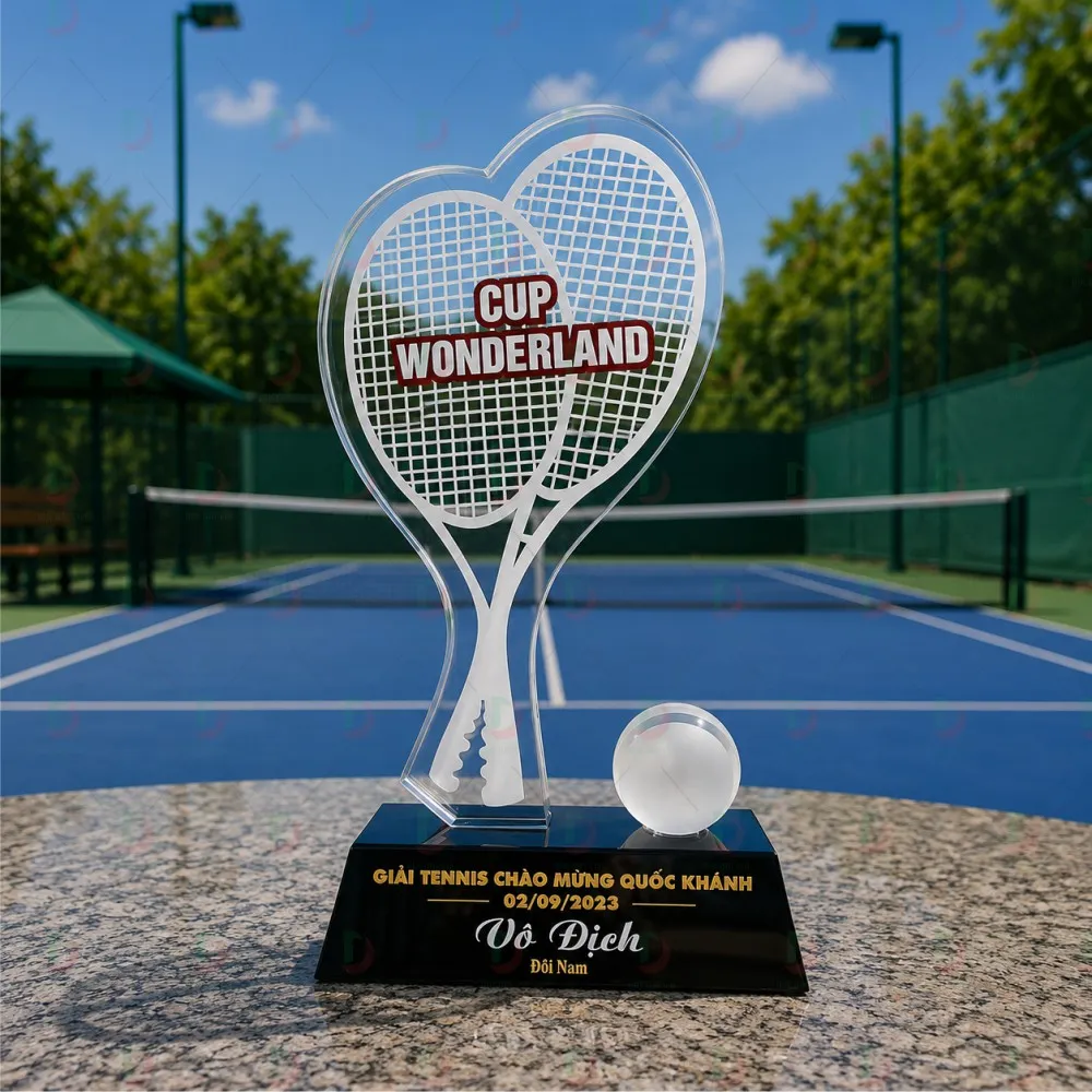 Cúp Tennis 015 – Biểu Trưng Pha Lê Cặp Vợt Đôi & Trái Bóng Mờ