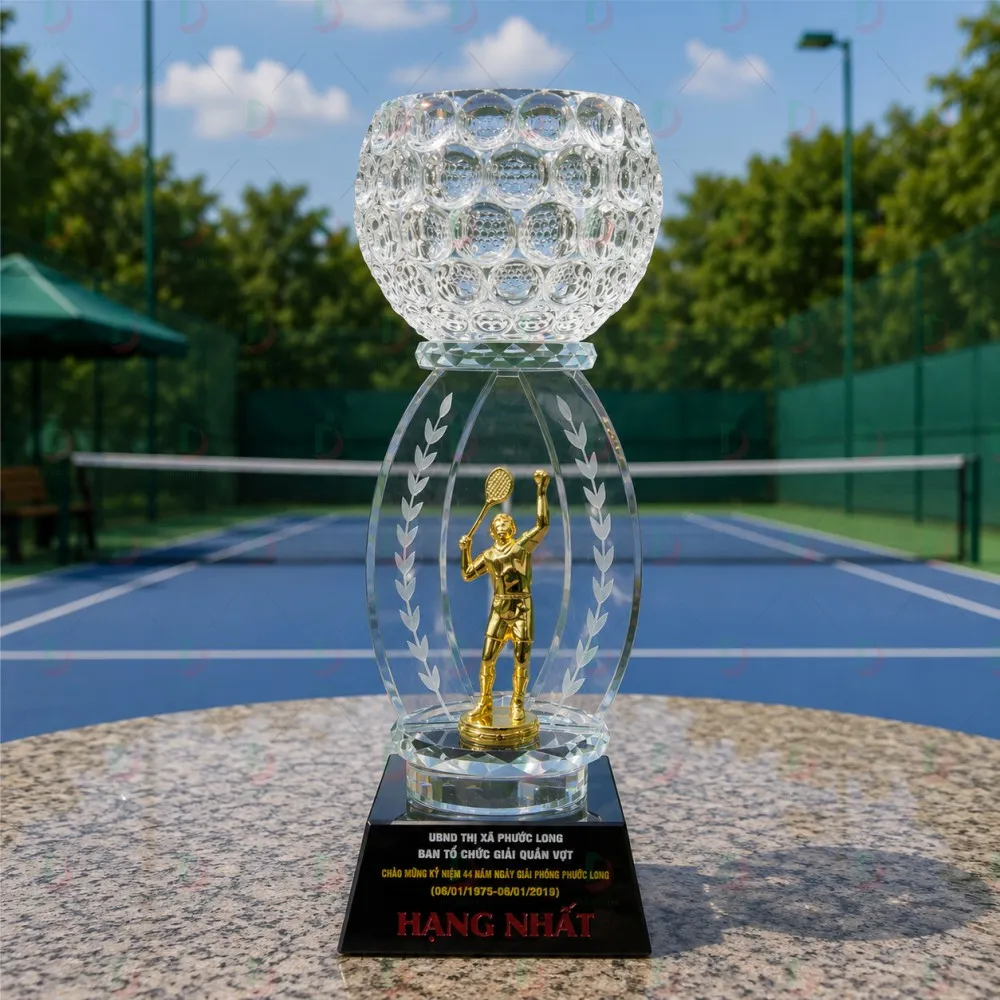 Cúp Tennis 013 – Cúp Pha Lê Dáng Tô Cắt Khía & Tượng Vàng 3D