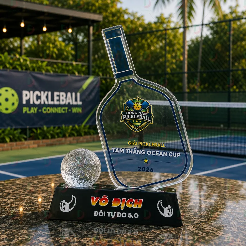 Cúp Pickleball 017 Pha Lê Trong Hình Cây Vợt